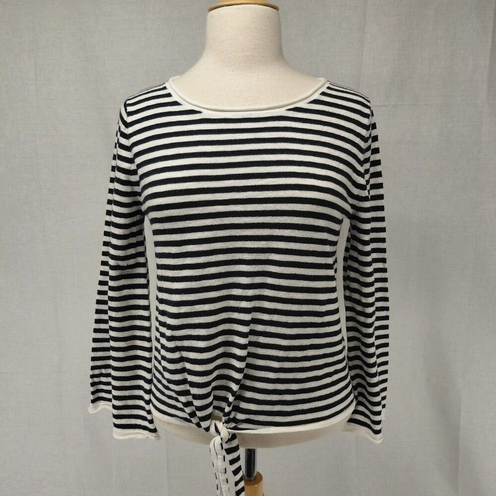 J.Crew white/navy stripe tie front LS cotton sweater with rolled hems Size M - Picture 2 of 8